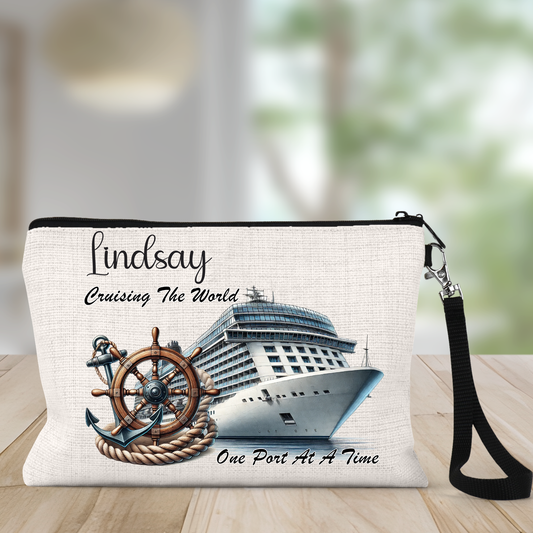 Personalised cruise passport holder showing front and back with linen fabric, zip closure, wrist strap, and size measurements