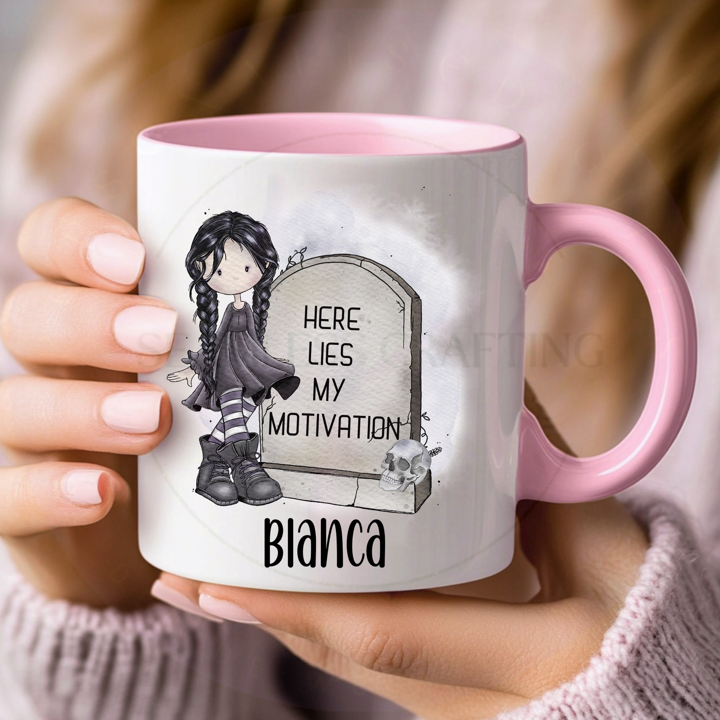 Pink handle personalised spooky mug with gothic girl illustration, skull detail and Here Lies My Motivation quote