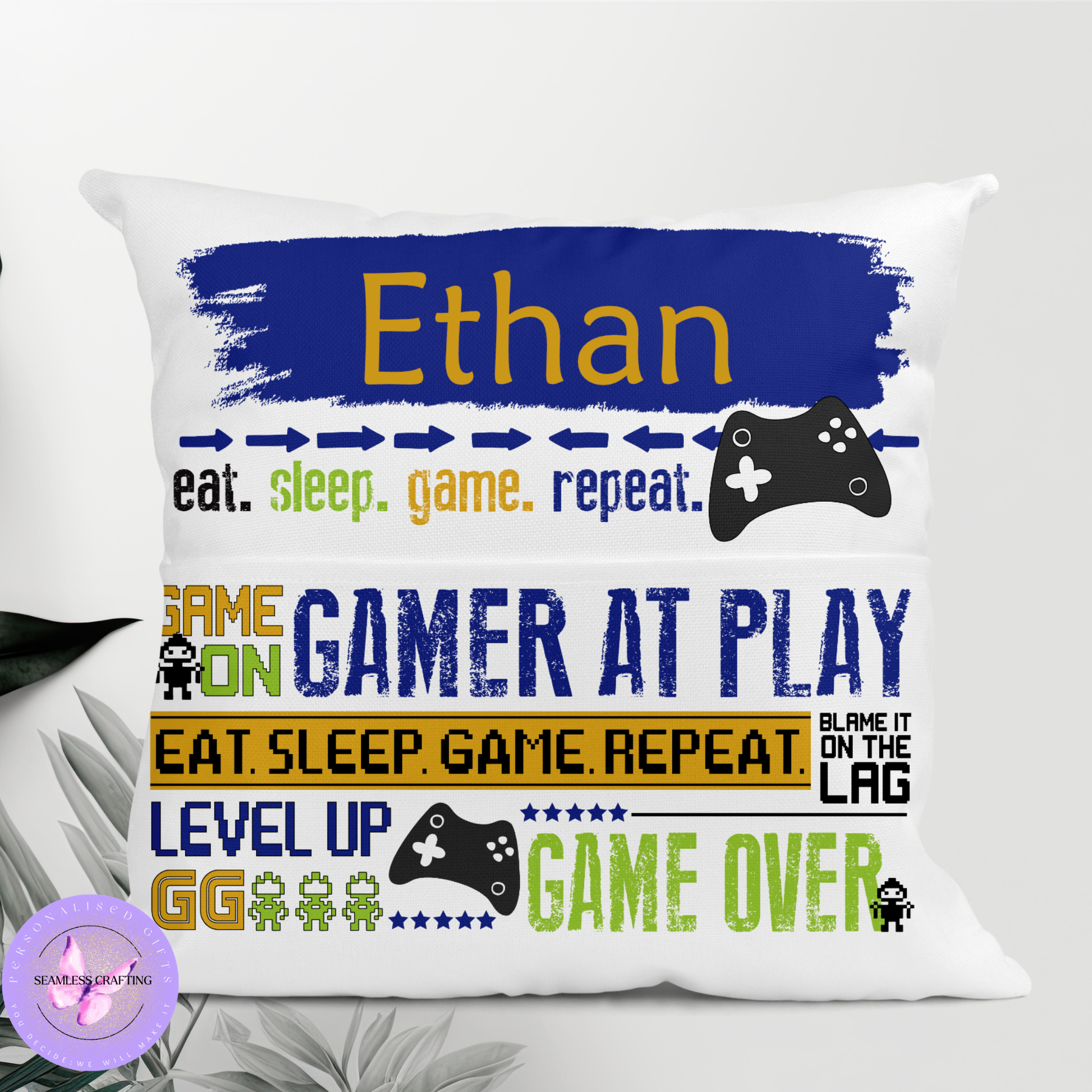 Personalised gamer reading cushion with name and game controller design, book pocket pillow