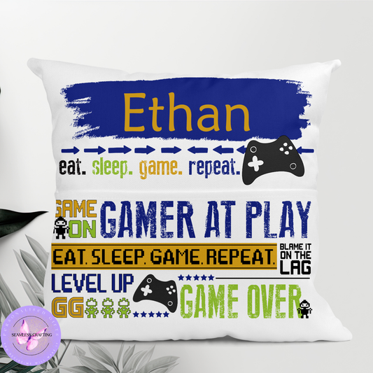 Personalised gamer reading cushion with name and game controller design, book pocket pillow