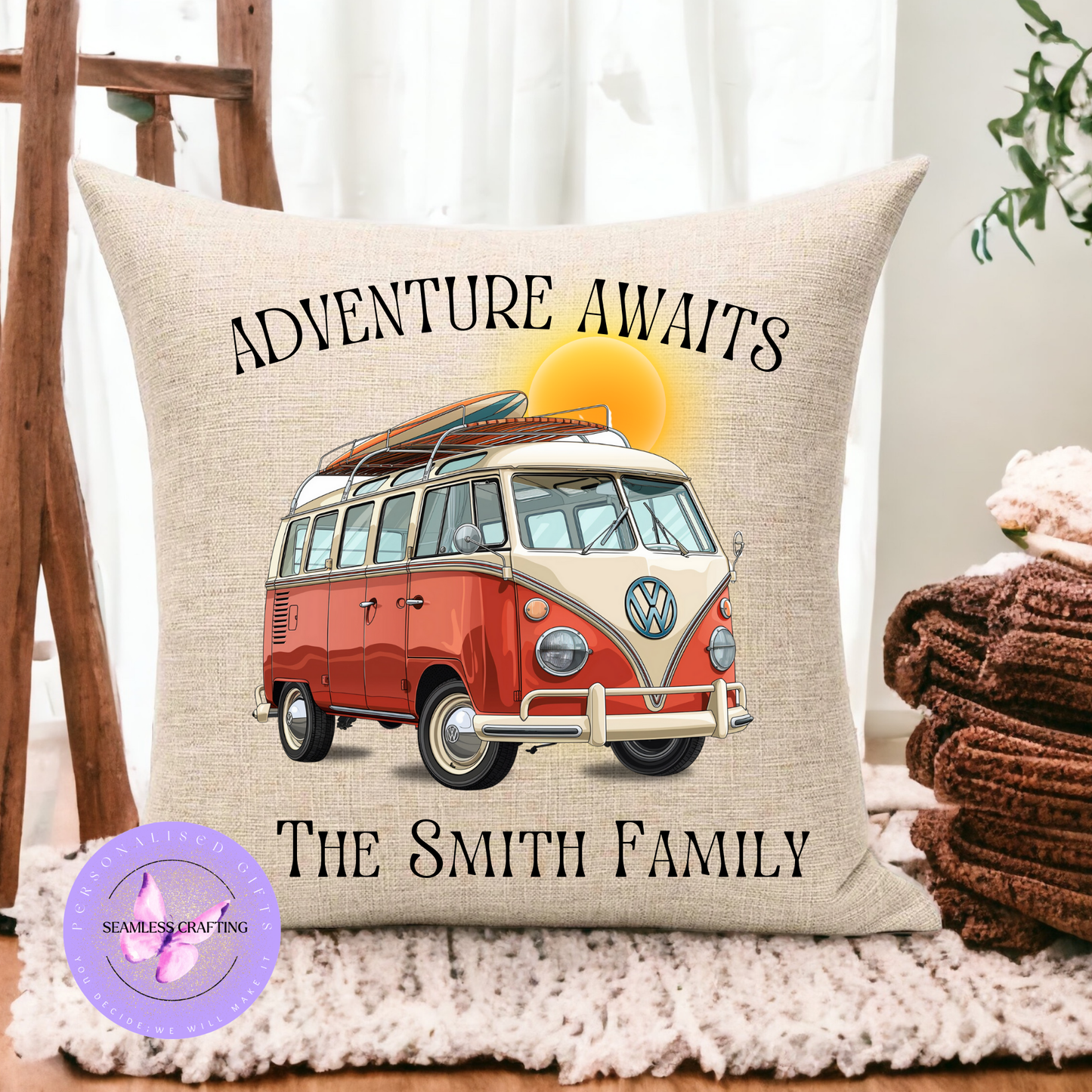 Personalised Camper Van Cushion | Adventure Awaits Linen Pillow | Custom Travel Gift 40x40cm