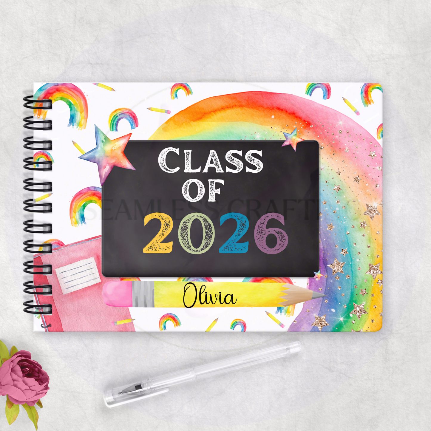 Personalised Class of 2026 , Add Any Year School Leavers Notebook – Rainbow Memory Book
