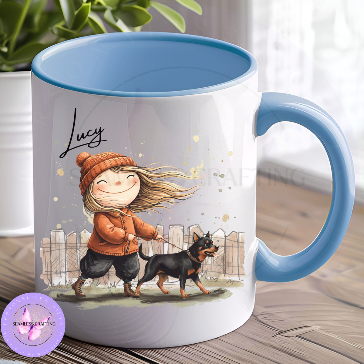 Personalised dog walker mug with girl character, dog and custom name