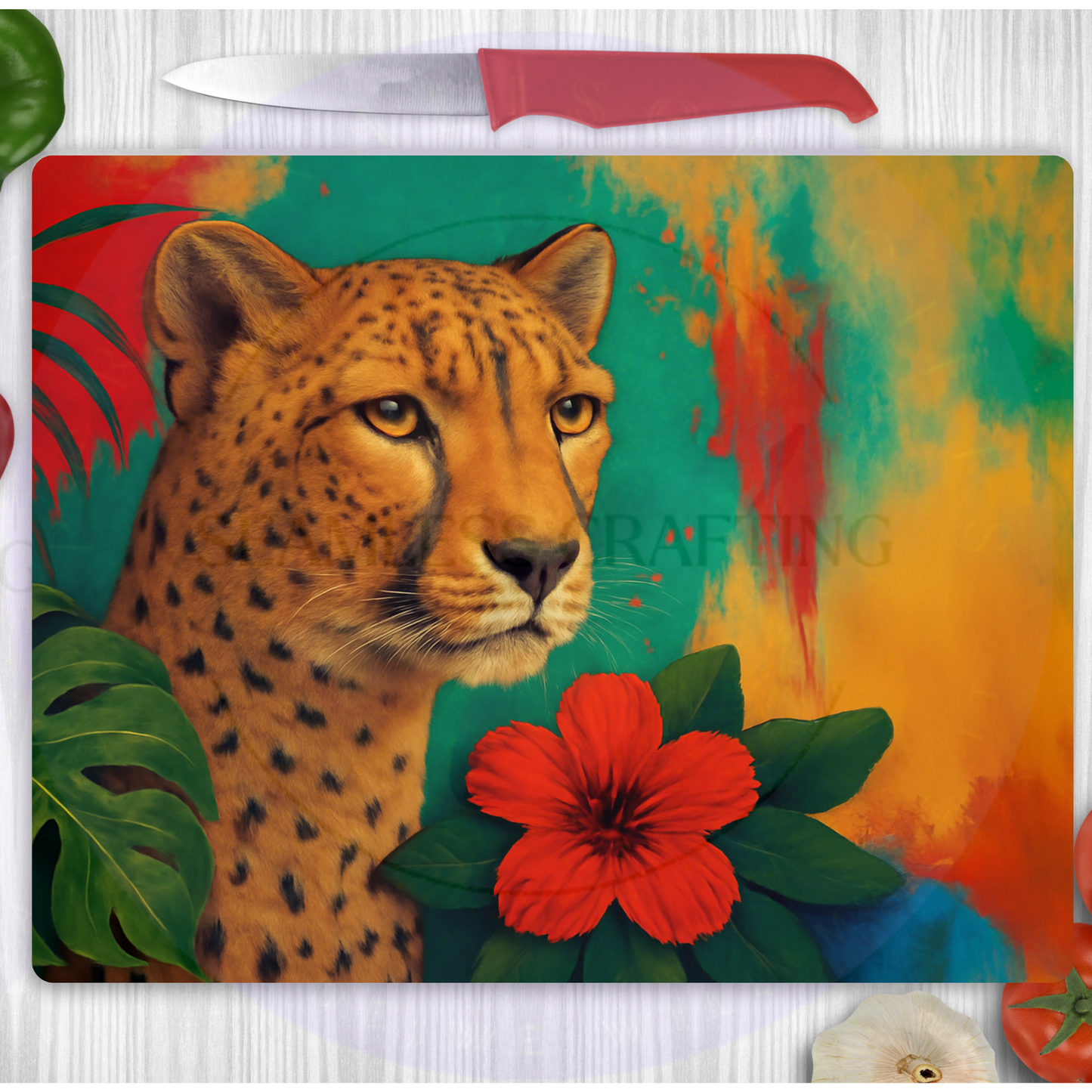 animal chopping board cheetah design vibrant kitchen decor personalised gift