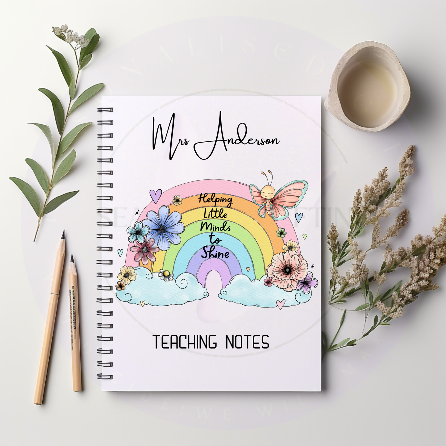 Personalised rainbow teacher notebook with custom name