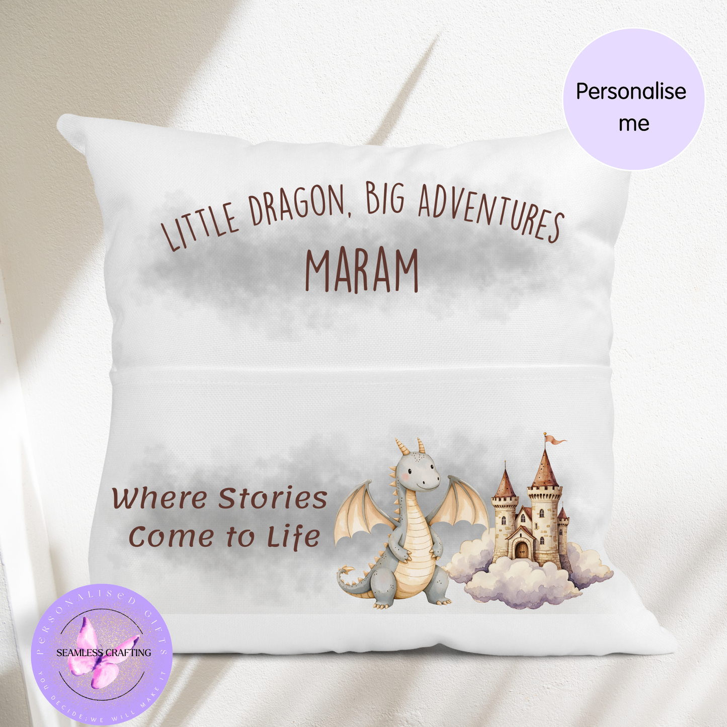 Personalised Dragon Reading Cushion with Pocket – Soft Velvet Book Pillow for Kids – Custom Name Gift