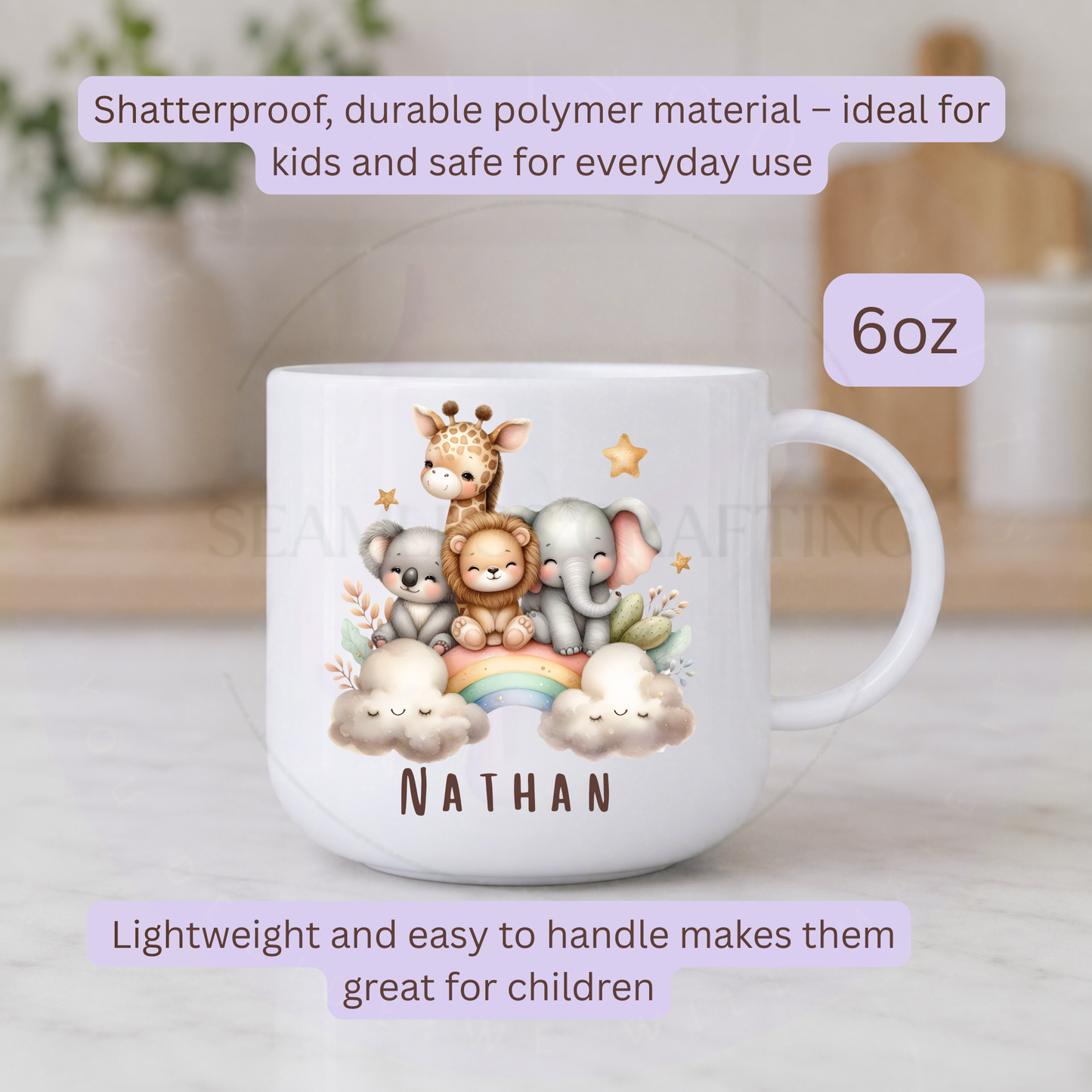 Personalised children's safari animal polymer mug with the name Lucy