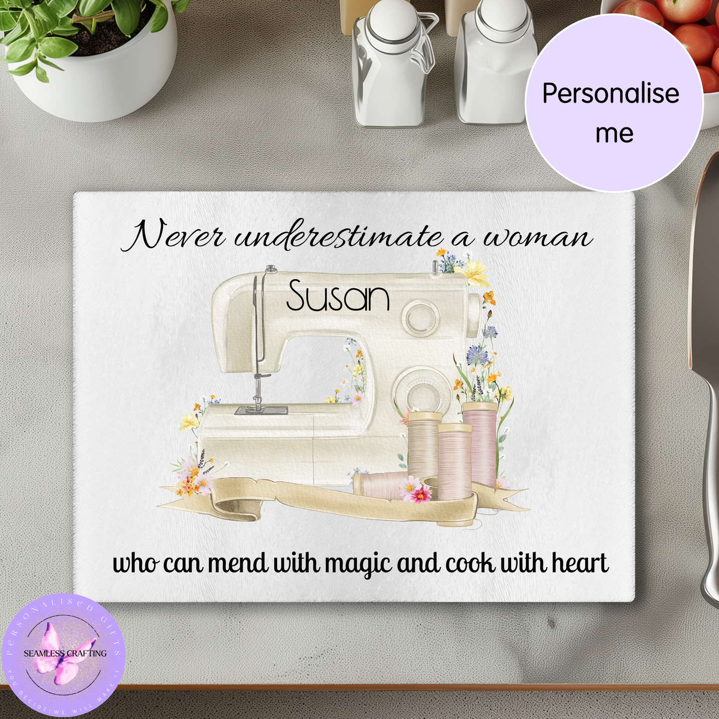 Personalised Sewing Machine Glass Chopping Board – Never Underestimate a Woman – Custom Name Kitchen Board Gift