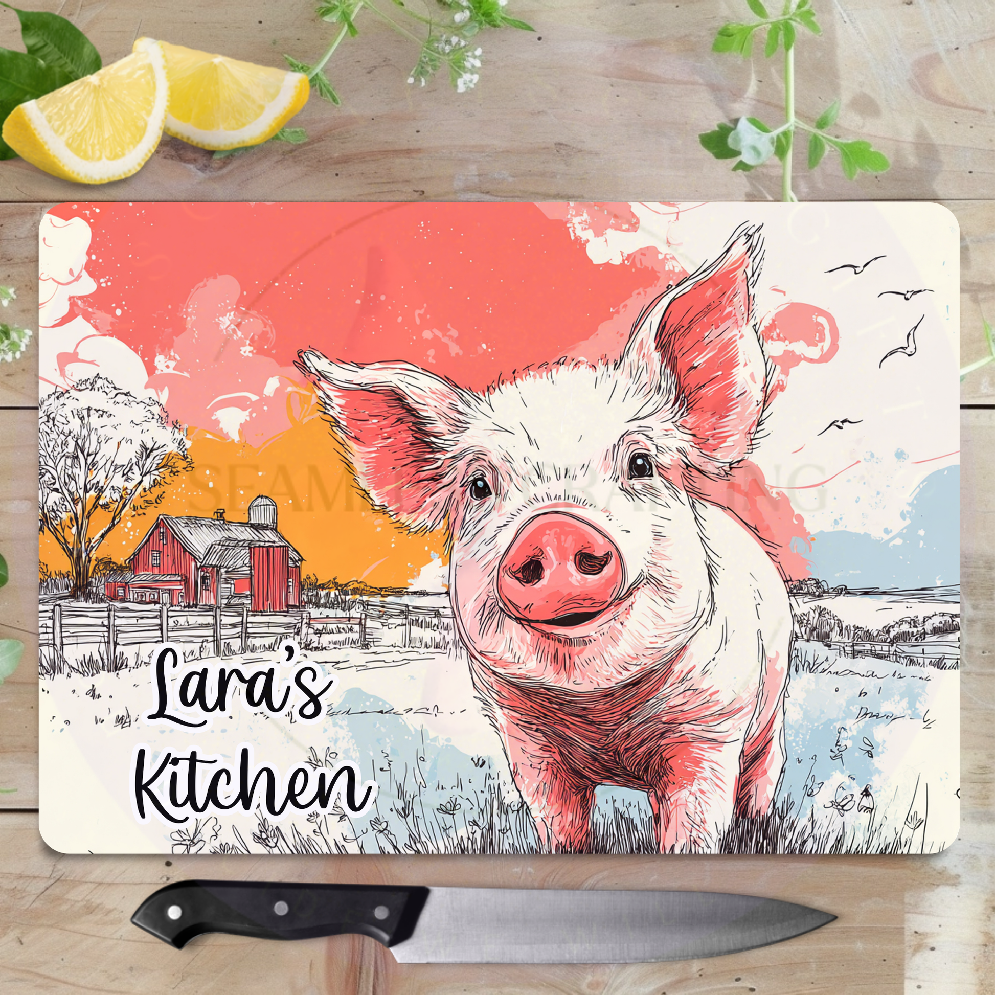 Personalised kitchen worktop saver pig design glass chopping board gift for mum