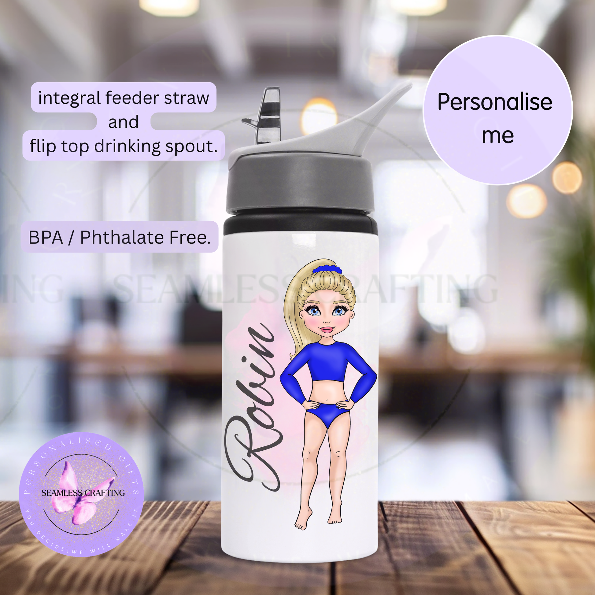 Personalised flip-top dance water bottle with Robin and a royal blue two-piece acro uniform