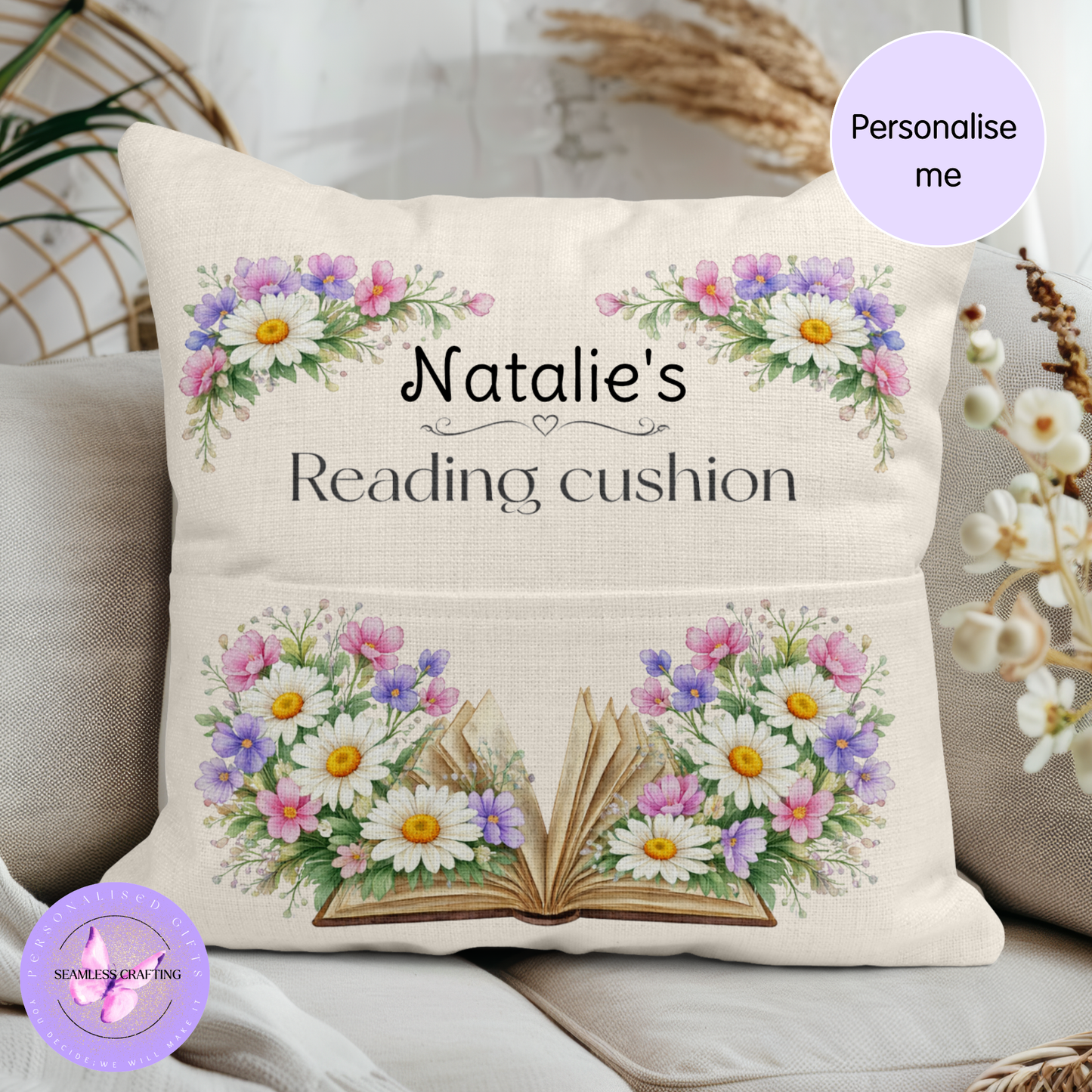 Personalised April birth flower reading cushion with daisy design and pocket, custom name linen cushion for book lovers