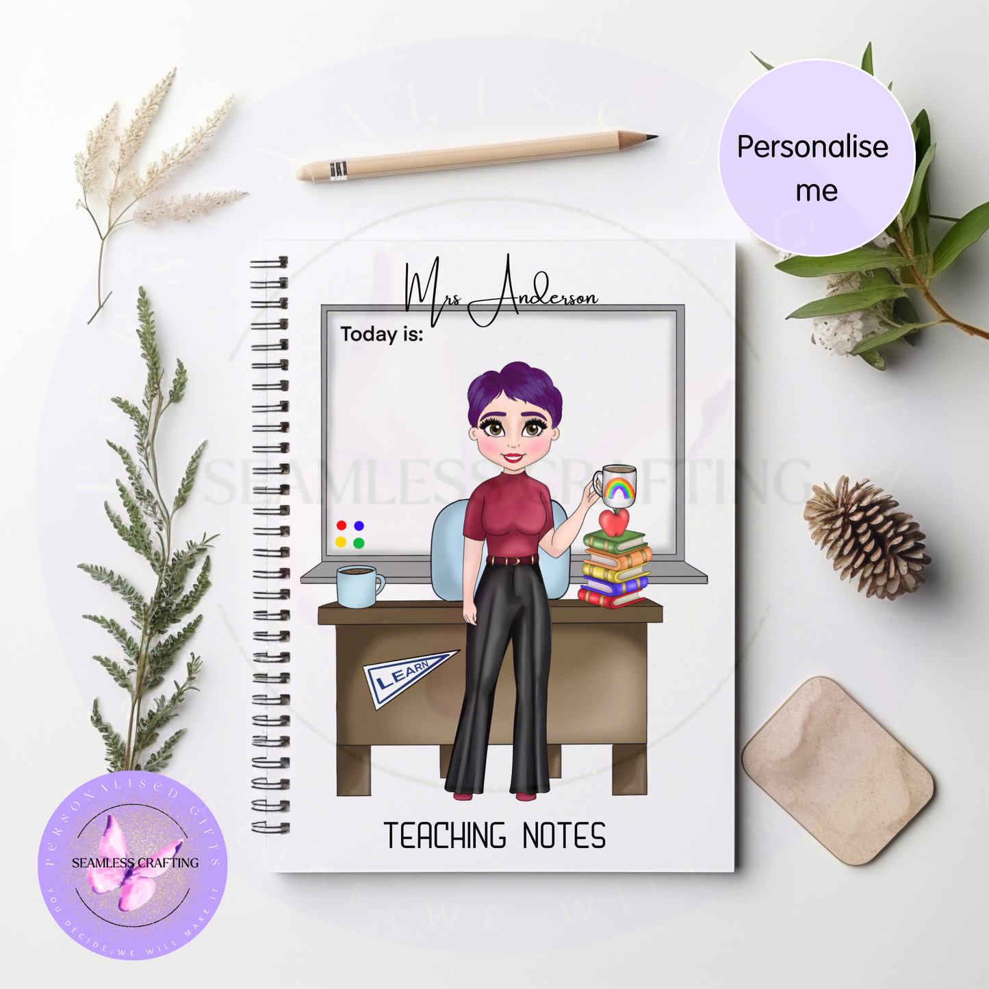 Teacher notebook customisation chart with skin tone, hair colour and eye colour choices