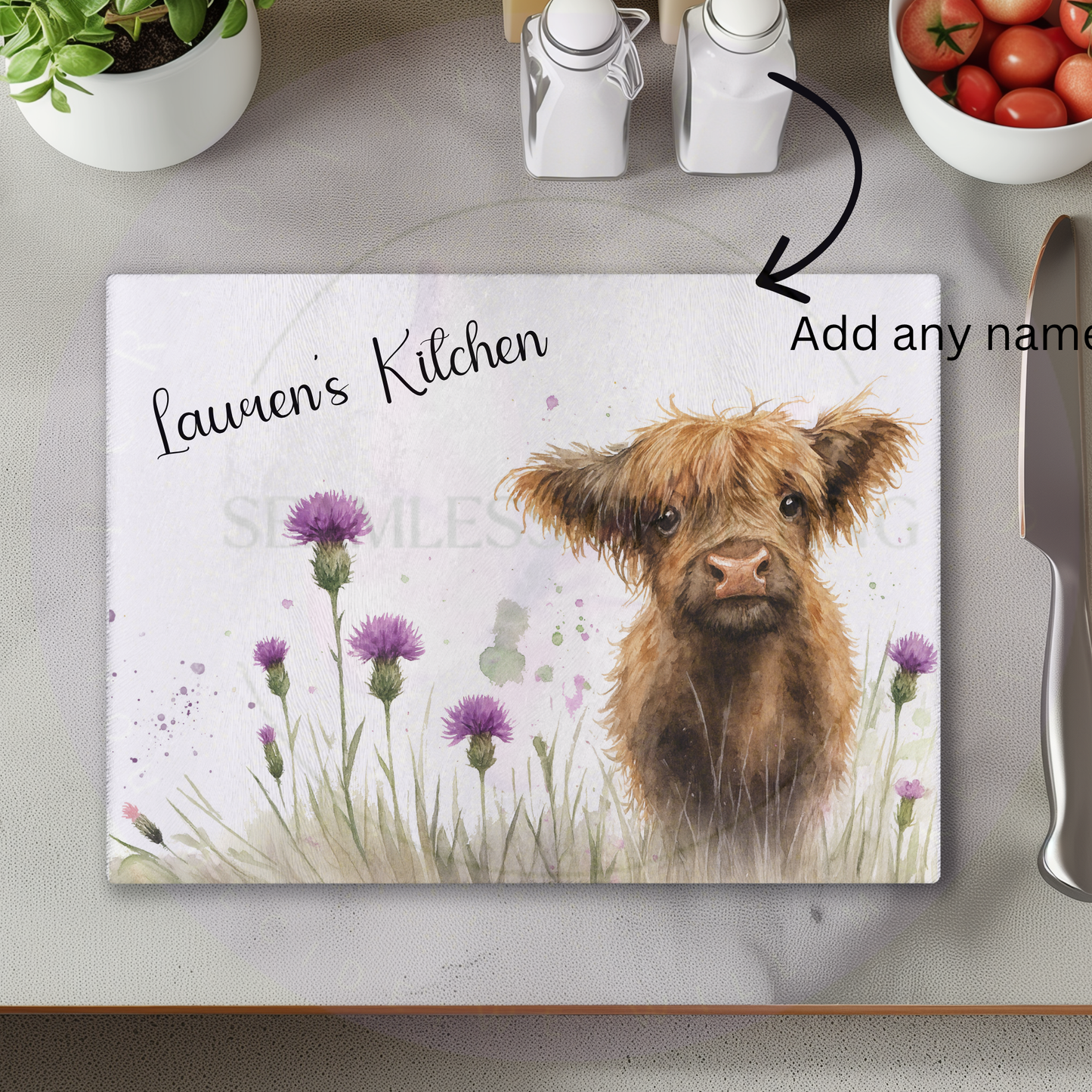 personalised highland cow glass chopping board spring thistle field kitchen design