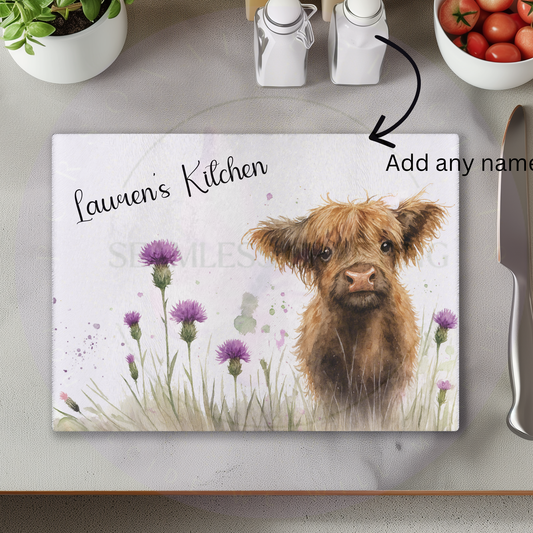 personalised highland cow glass chopping board spring thistle field kitchen design