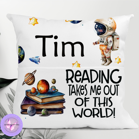 Personalised Space Reading Cushion – Boys & Girls Astronaut Book Pillow with Pocket | Custom Name Galaxy Gift (40cm)