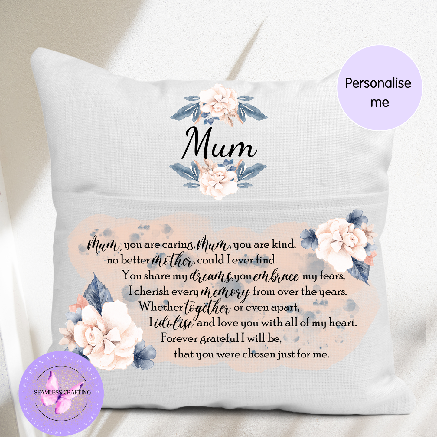 Personalised Mum Cushion & 11oz Mug Set – Floral Mother’s Day Gift – Custom Poem Pillow – Gift for Mum UK