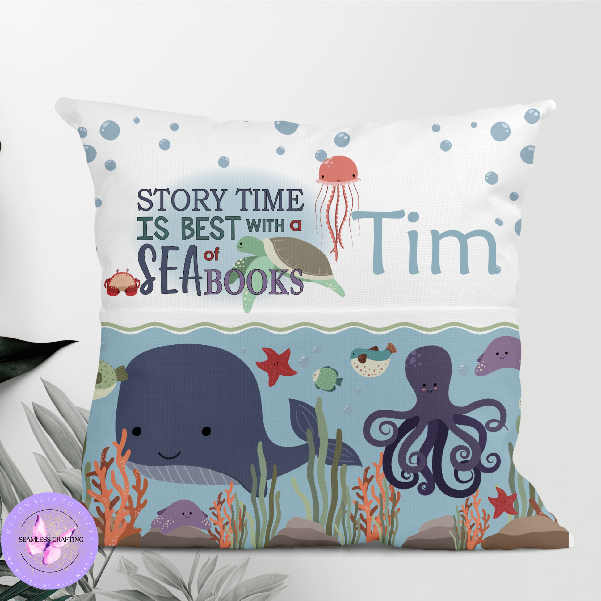 Personalised under the sea reading cushion with name, whale and octopus design, book pocket pillow
