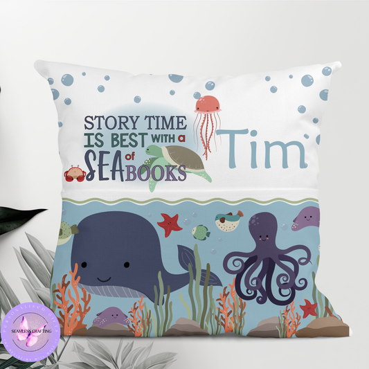 Personalised under the sea reading cushion with name, whale and octopus design, book pocket pillow