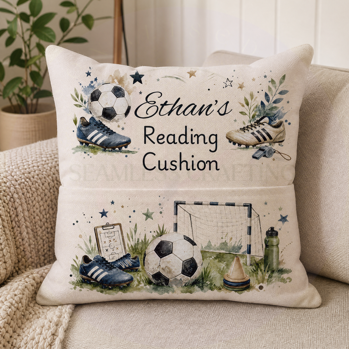 Personalised football book cushion with goal, football boots and custom name in child's bedroom