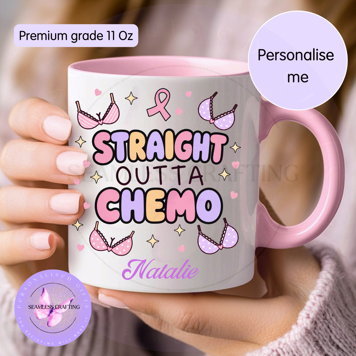 Personalised pink handle 11 oz Straight Outta Chemo ceramic mug with name Natalie