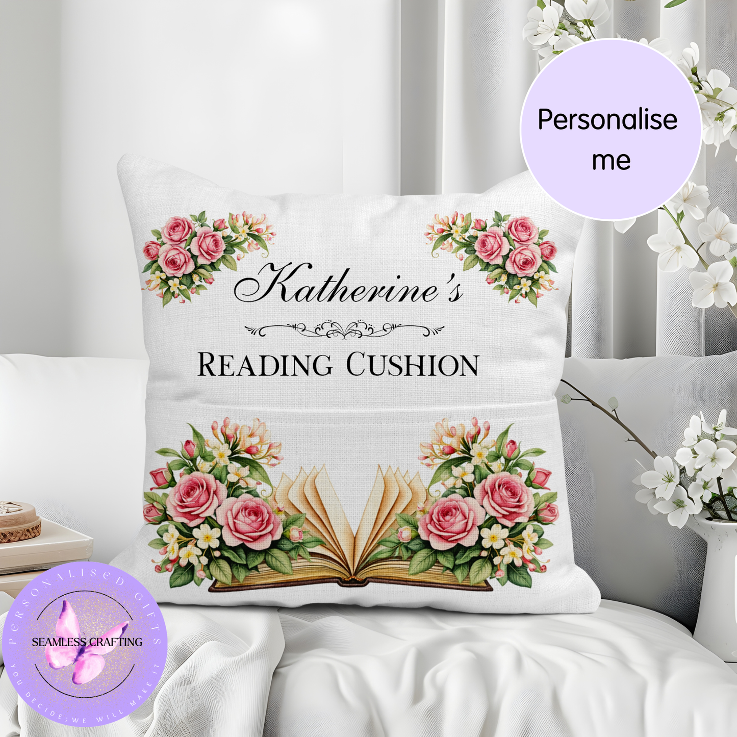 Close-up of rose and honeysuckle design on personalised reading cushion