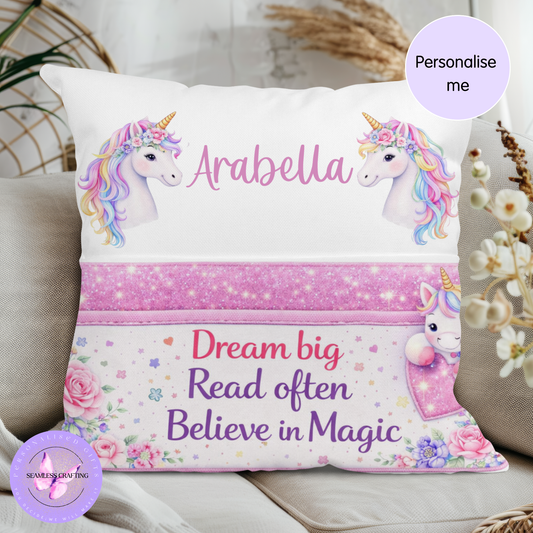 Personalised unicorn reading cushion with name Arabella, girls book pillow with pocket, pink magical design