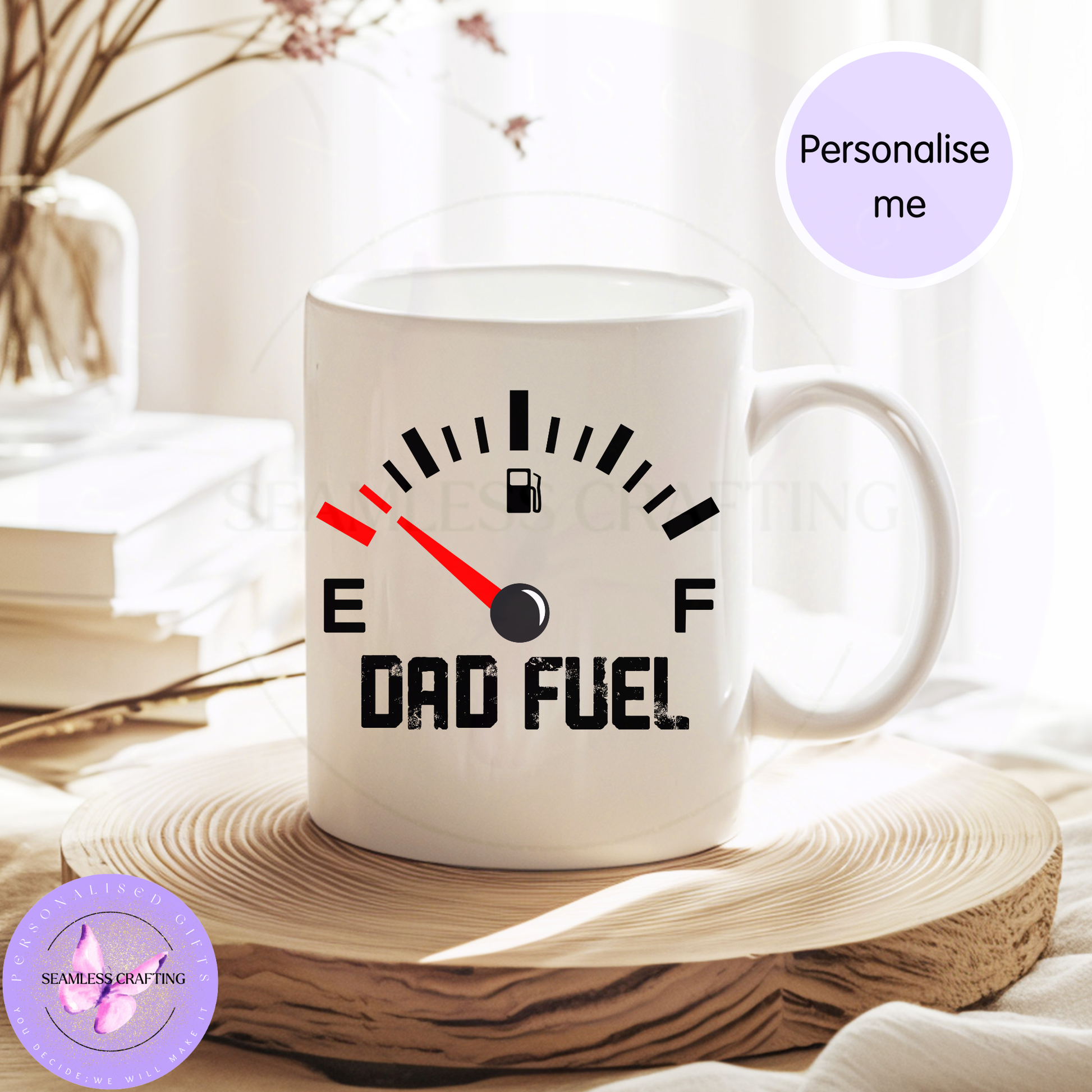 White ceramic mug with fuel gauge design personalised with any name
