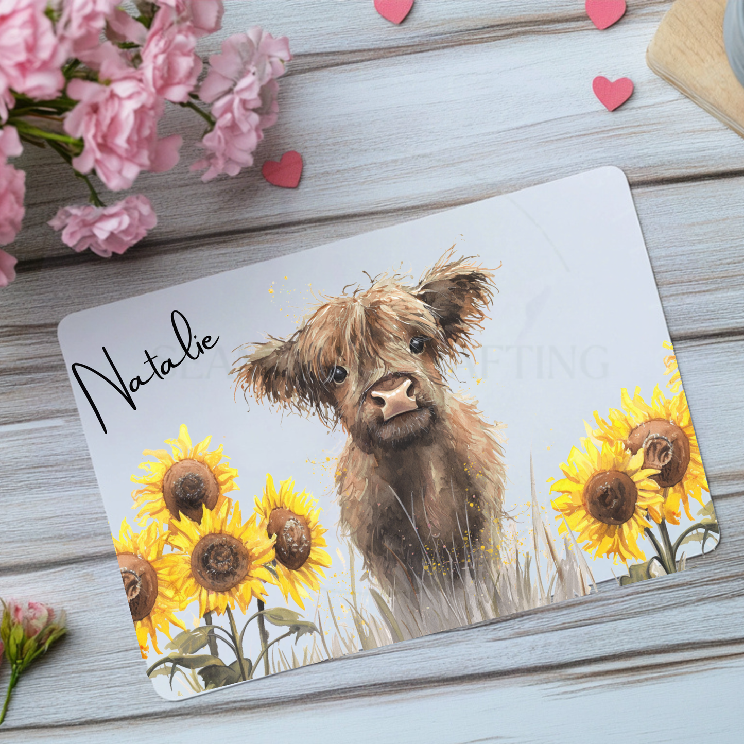 Watercolour Highland cow and yellow sunflower personalised mouse mat with name Natalie