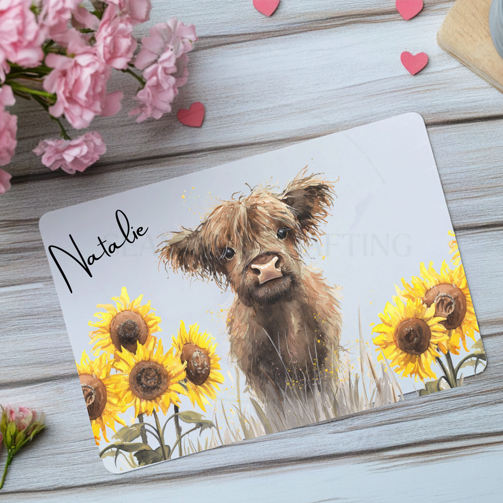 Watercolour Highland cow and yellow sunflower personalised mouse mat with name Natalie