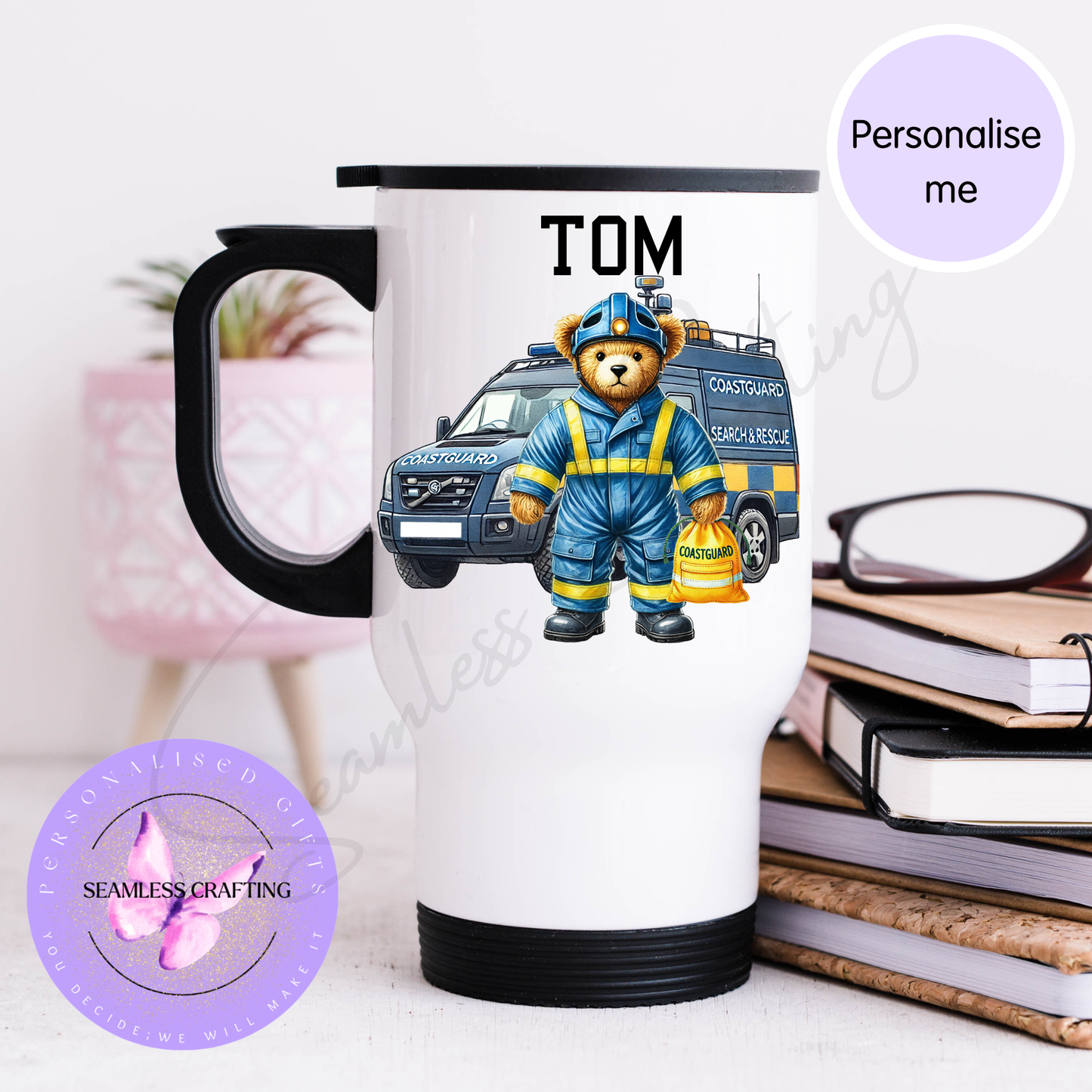 Personalised Coastguard Bear Mug or Travel Mug – Custom Name Search and Rescue Gift