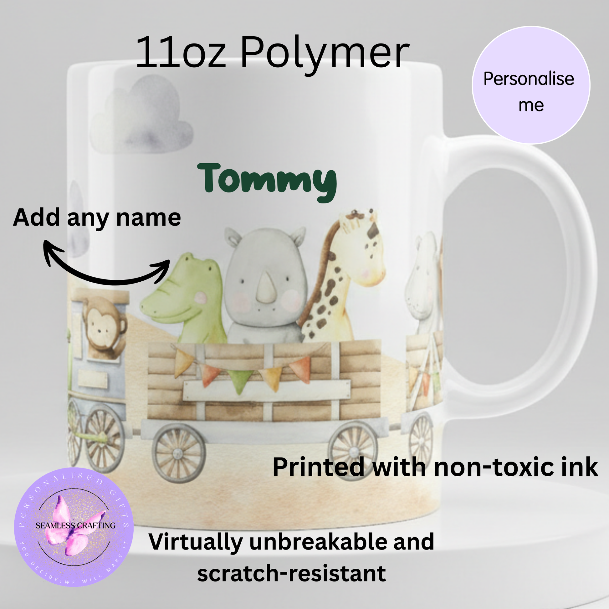 Kids unbreakable mug personalised with name, jungle animal artwork