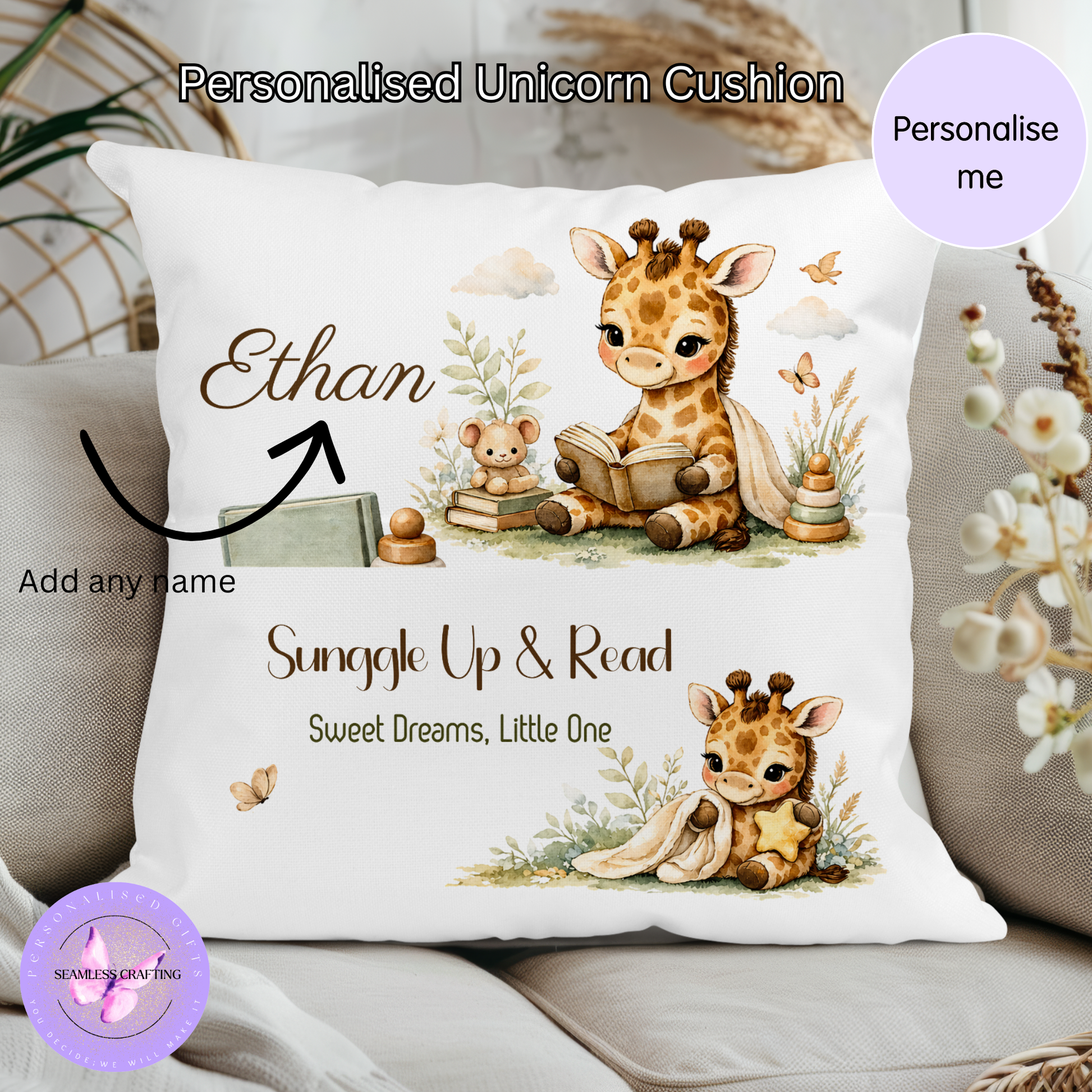 Children reading pillow with pocket giraffe design