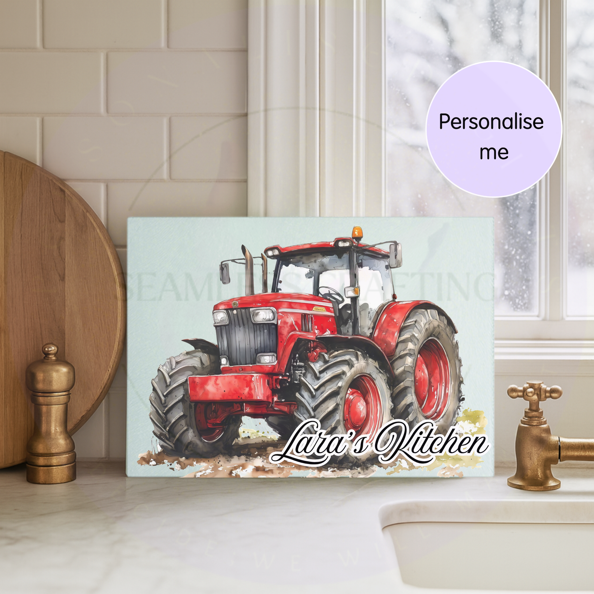 Personalised red tractor glass chopping board with the text Dad's Kitchen