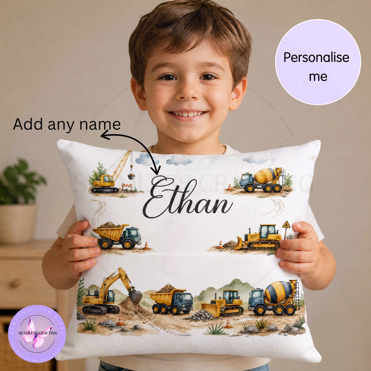Personalised digger reading cushion with construction vehicles and child's name