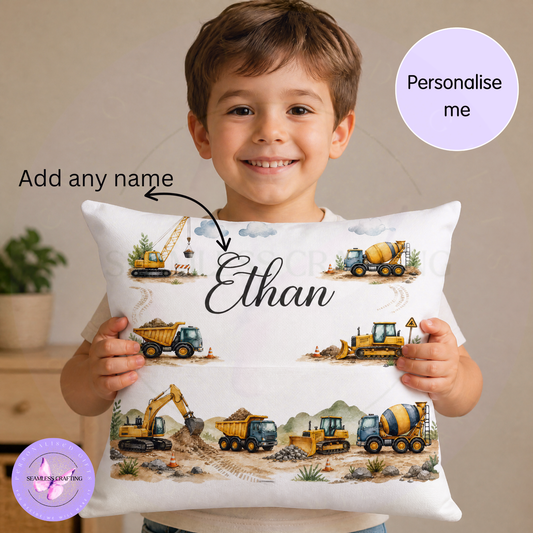 Personalised digger reading cushion with construction vehicles and child's name