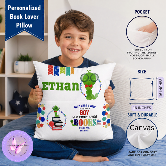 Personalised boys reading cushion with book pocket, green bookworm design and custom name