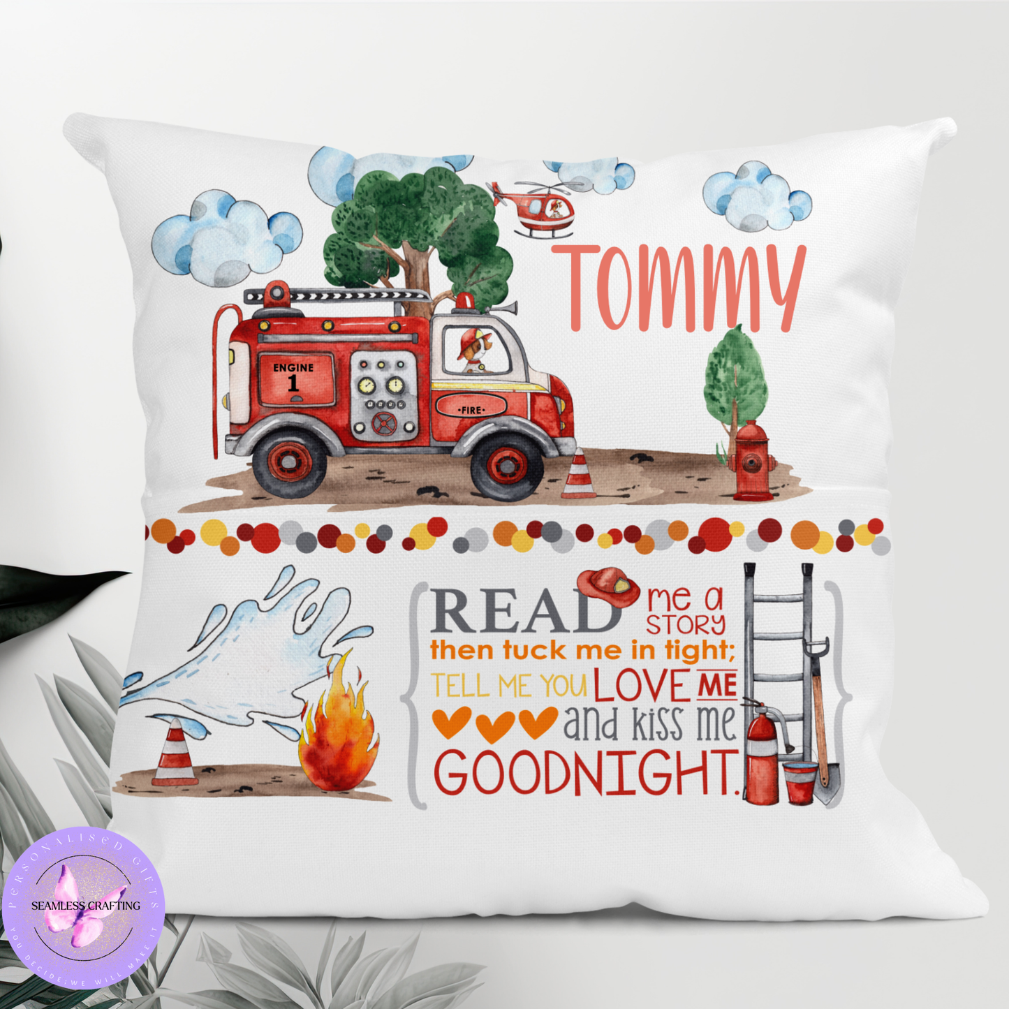 Personalised fire engine reading cushion with name and book pocket, firefighter pillow for kids
