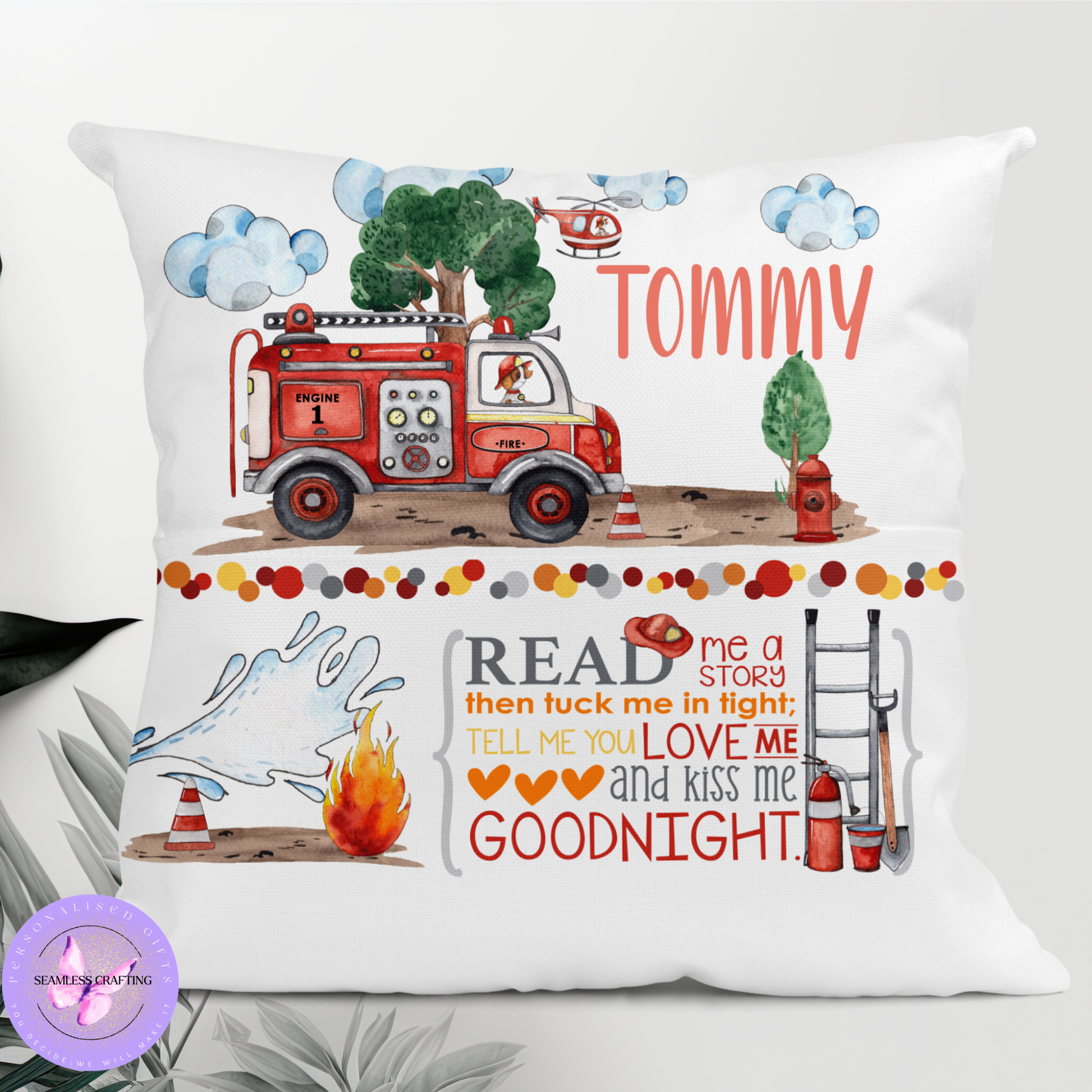 Personalised fire engine reading cushion with name and book pocket, firefighter pillow for kids