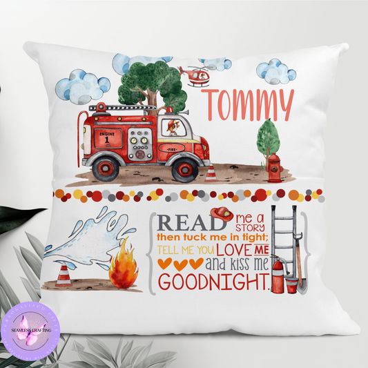 Personalised fire engine reading cushion with name and book pocket, firefighter pillow for kids