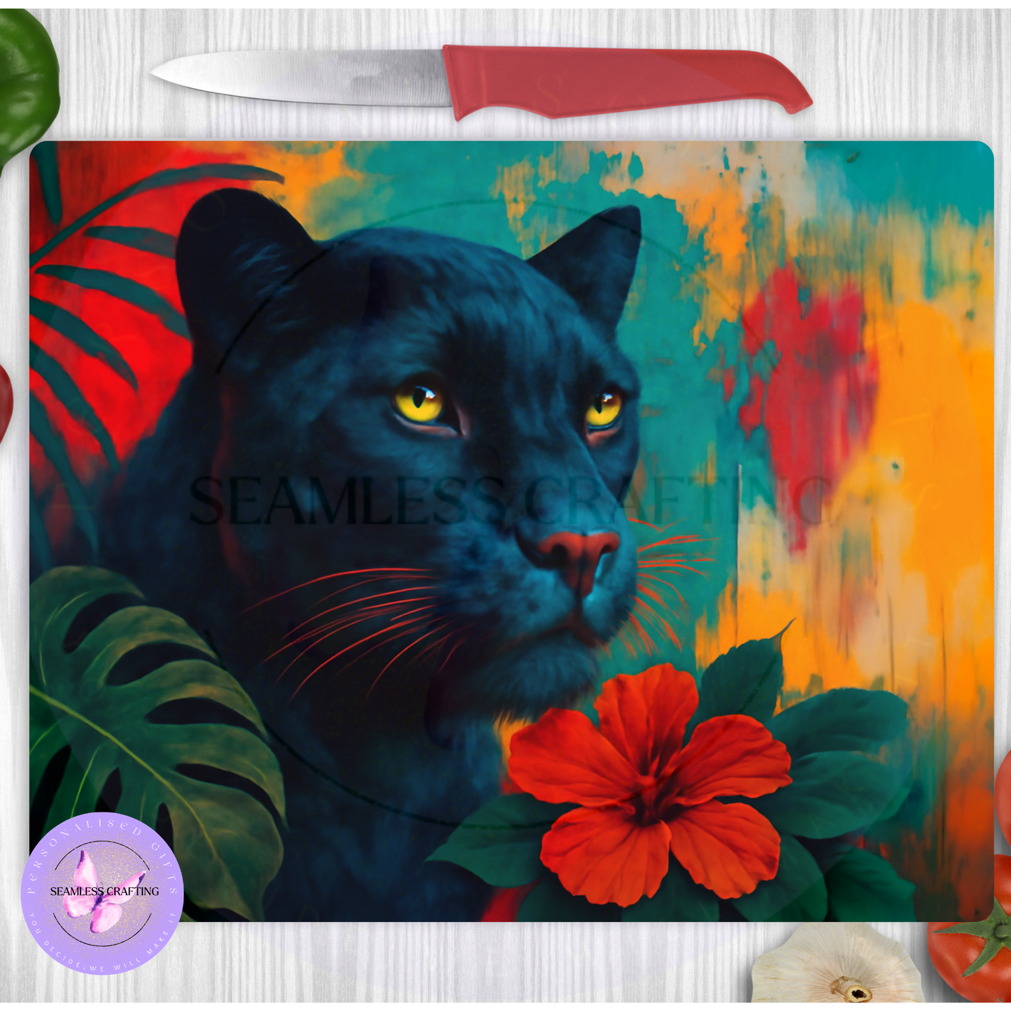 animal kitchen chopping board personalised gift for dad black panther design
