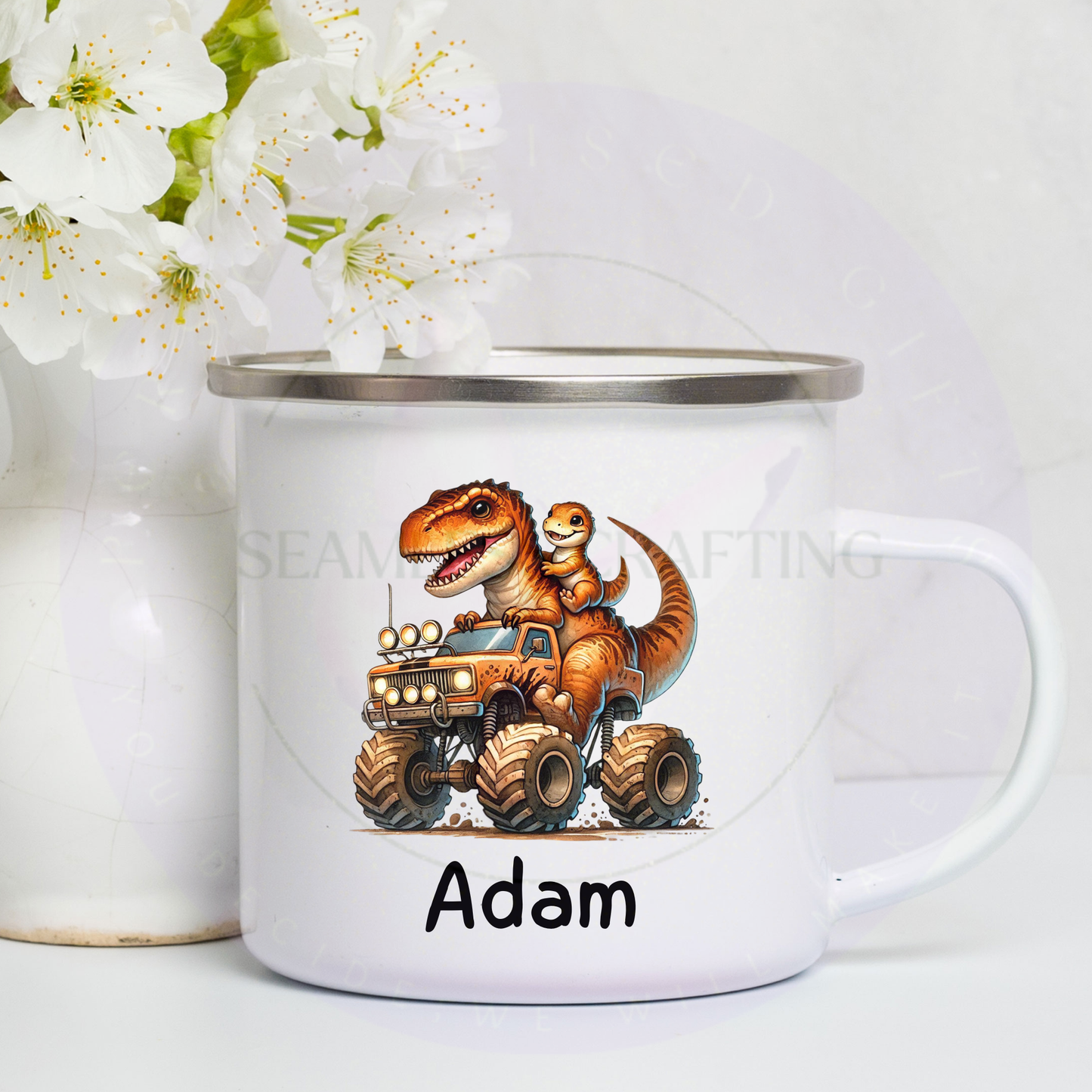 Personalised Monster Truck Dinosaur Enamel Mug | Kids Dino Truck Cup with Name | Custom Boys Gift | Camping Mug