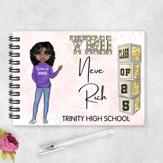Personalised School Leavers Book – Front Character View | Custom Name, Year & School Memory Autograph Book for Year 11 or Year 6