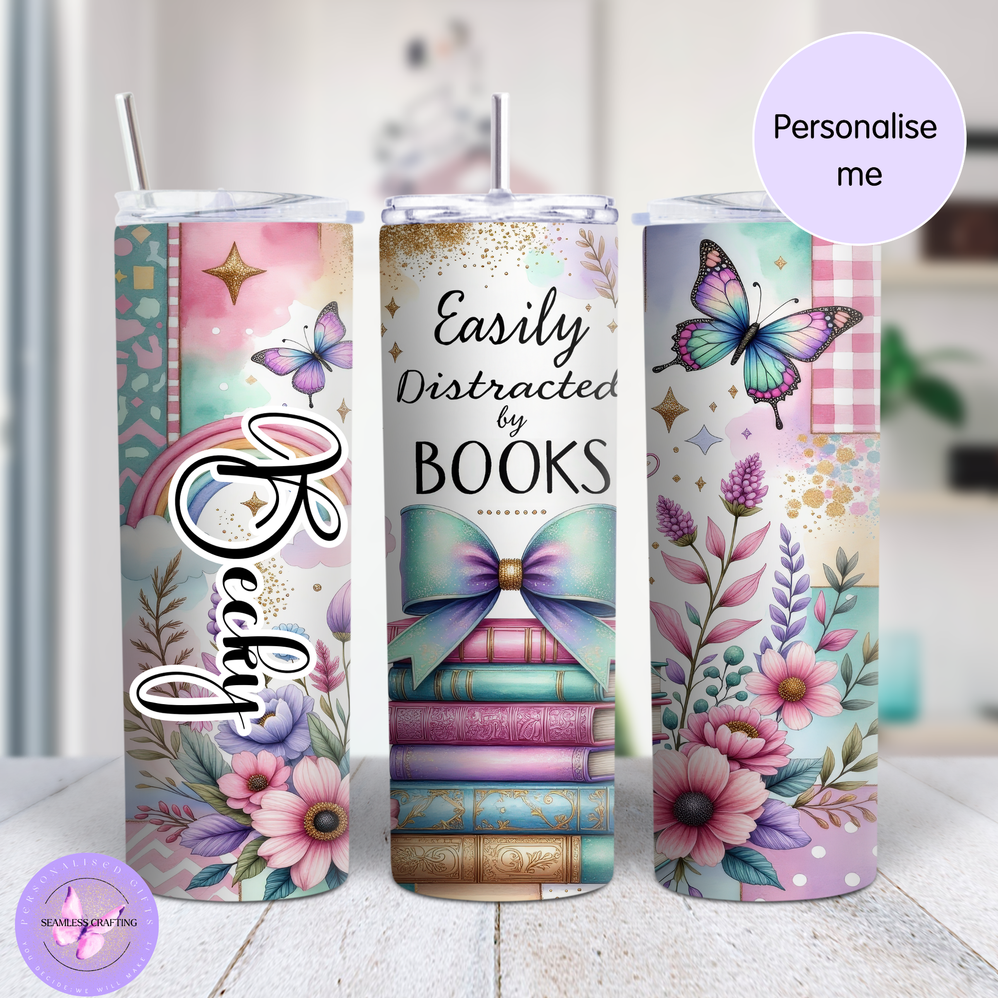 Personalised book lover tumbler with custom name and floral book design