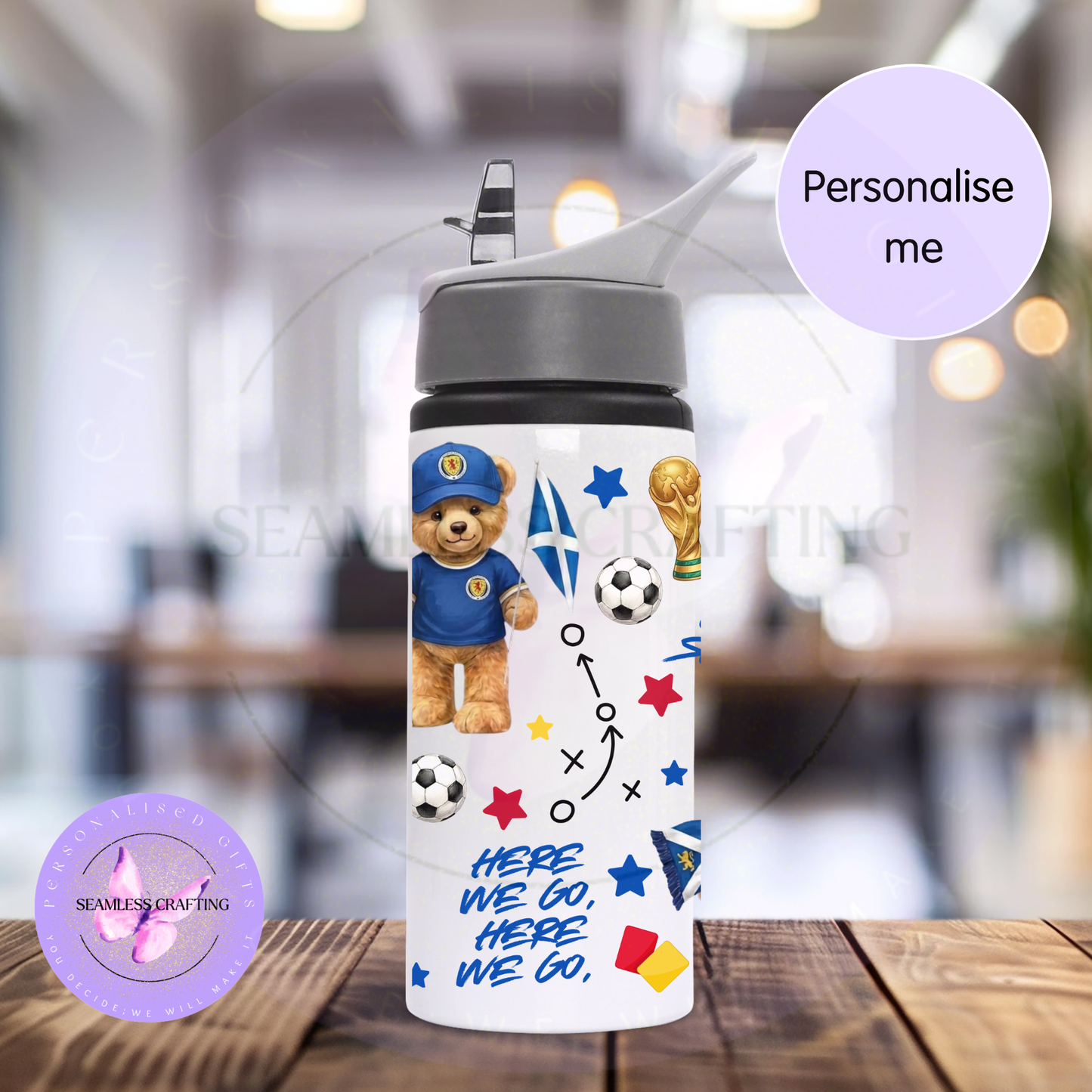 Custom Scotland football bottle for children with teddy bear, Scottish flag and football details