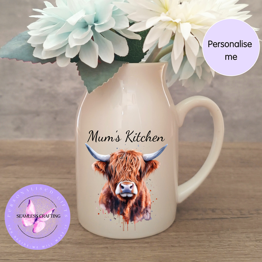 Personalised Highland Cow jug used as flower vase in farmhouse kitchen, custom gift for mum or grandma