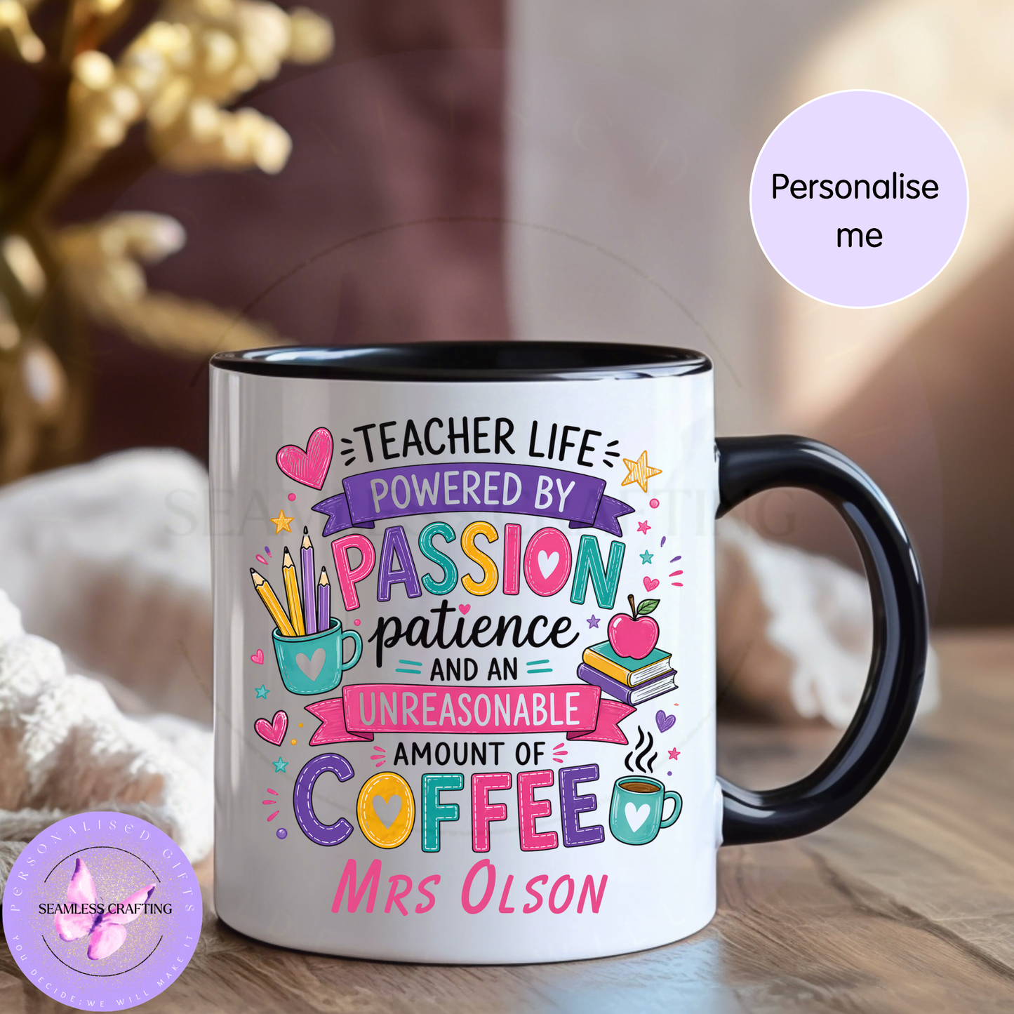 teacher appreciation mug custom name pink handle ceramic
