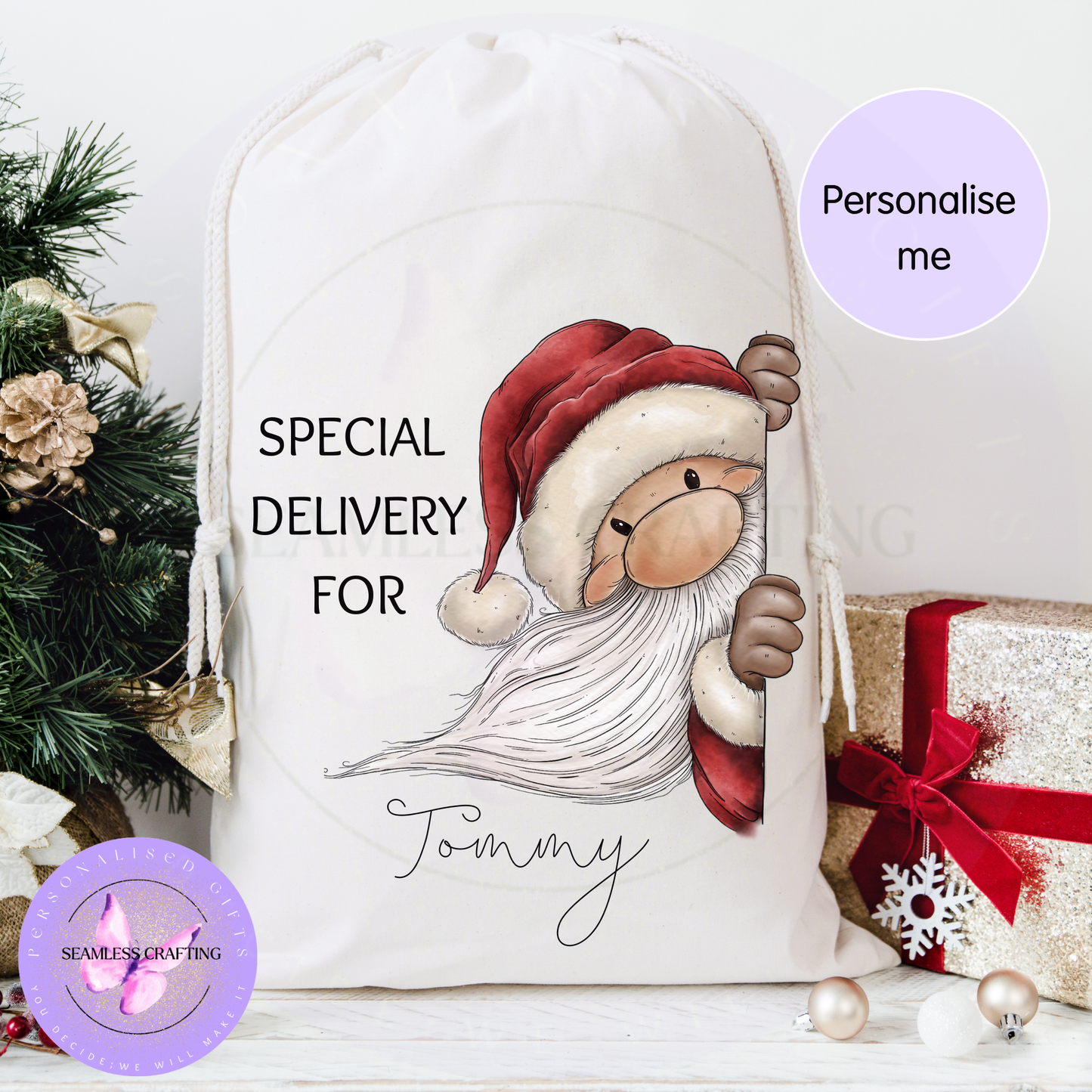 Peeking Santa personalised Christmas sack with name under the Christmas tree