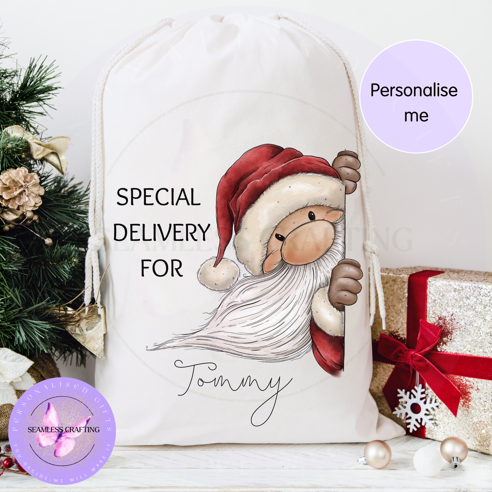 Peeking Santa personalised Christmas sack with name under the Christmas tree