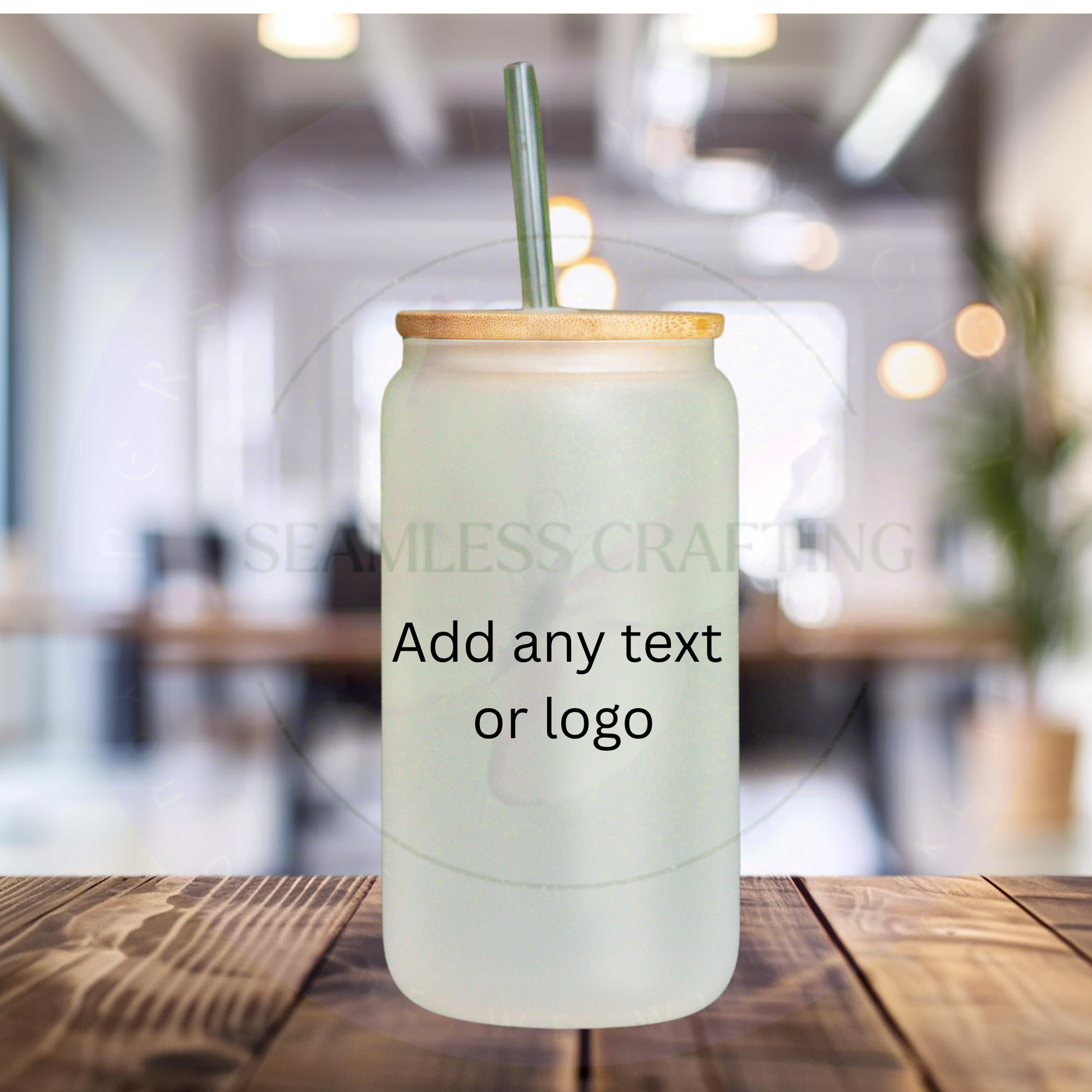 Personalised frosted glass can with bamboo lid and glass straw