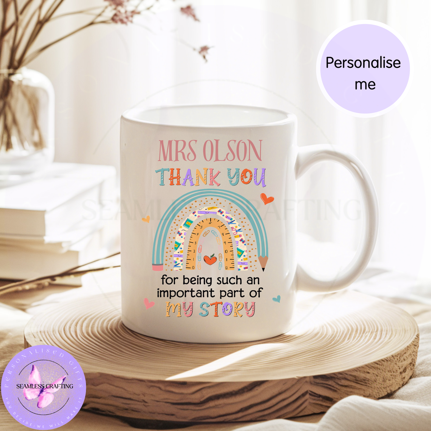 Personalised rainbow teacher thank you mug with custom teacher name on white handle ceramic mug